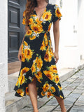 Sunflower Print Surplice Neck Dress, Vacation Flutter Sleeve Drawstring Dress For Spring & Summer, Women's Clothing
