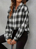 elveswallet  Plaid Print Button Front Shirt, Vintage Long Sleeve Collared Shirt, Women's Clothing
