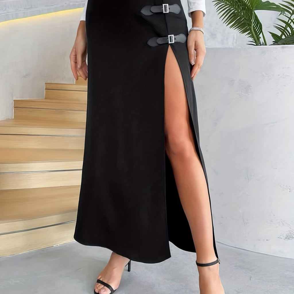 elveswallet  Solid High Waist Skirt, Sexy Buckled Split Skirt For Spring & Summer, Women's Clothing