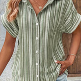 elveswallet  Striped Print Short Sleeve Shirt, Elegant Button Front Collared Shirt, Women's Clothing