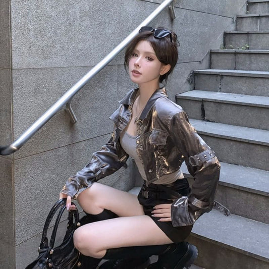 American retro hottie high-waisted jacket top women's spring and autumn season small man Hong Kong style fried street glossy short coat