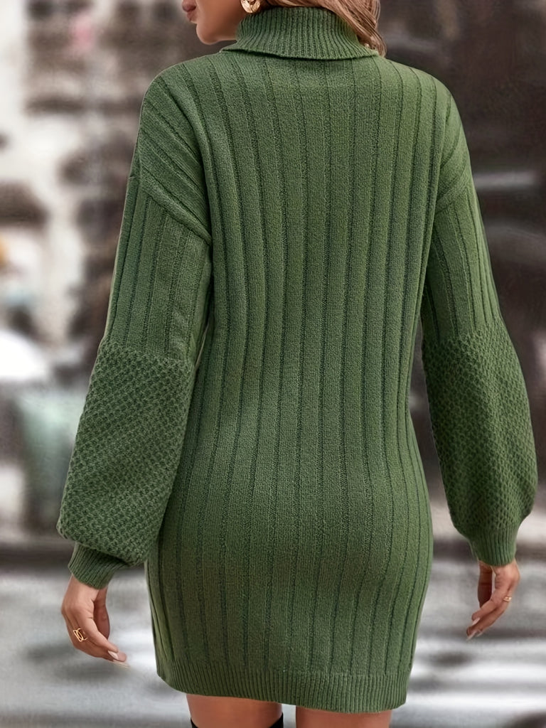 Ribbed Knit Turtle Neck Sweater, Casual Lantern Sleeve Sweater For Fall & Winter, Women's Clothing