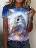 elveswallet  Plus Size Casual T-shirt, Women's Plus Owl Print Short Sleeve Round Neck Slight Stretch T-shirt