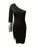 elveswallet  Contrast Lace One Shoulder Dress, Sexy Long Sleeve Bodycon Party Club Dress, Women's Clothing