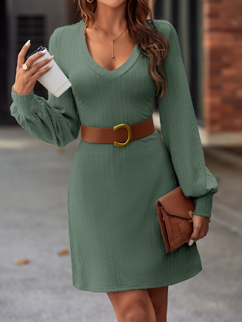 Simple Lantern Long Sleeve Dress, Casual V Neck Solid Dress, Women's Clothing