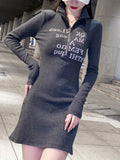 elveswallet  Letter Pattern Zipper Dress, Casual Long Sleeve Bodycon Dress, Women's Clothing