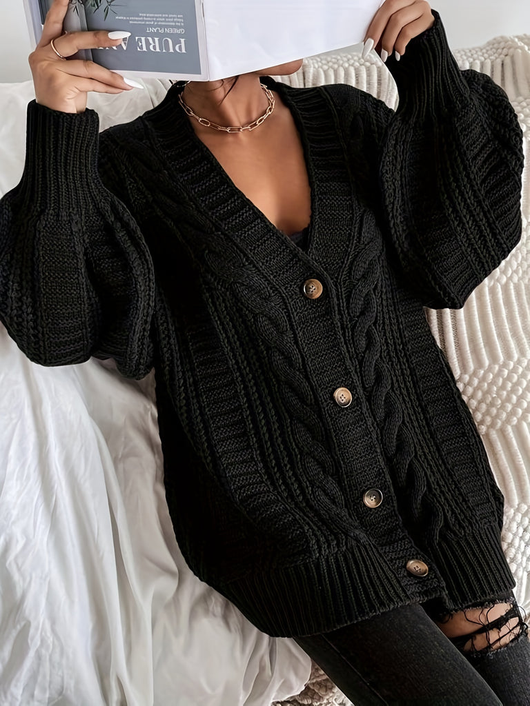 elveswalletButton Front Cable Knit Cardigan, Casual V Neck Long Sleeve Sweater, Women's Clothing