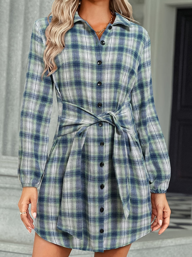 Preppy Stylish Plaid Belted Dress, Button Down Long Sleeve Dress, Casual Every Day Dress, Women's Clothing