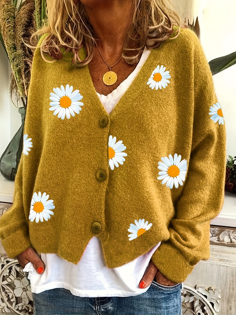 elveswallet  Daisy Pattern Embroidered Knitted Cardigan, Button Front Elegant Long Sleeve Sweater For Spring & Fall, Women's Clothing