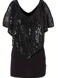 elveswallet  2 In 1 Sequin Decor V Neck Top, Casual Cape Sleeve T-Shirt For Spring & Summer, Women's Clothing