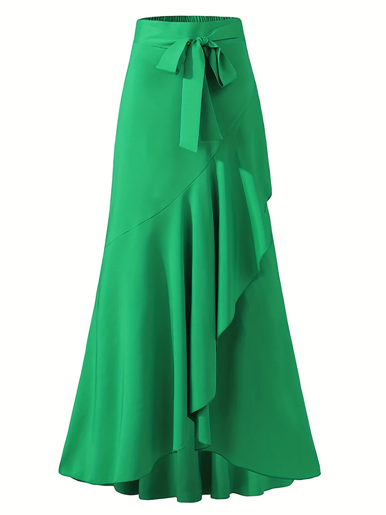elveswallet  Plus Size Elegant Skirt, Women's Plus Tie Front Ruffle Trim Wrap Hem Solid Maxi Skirt