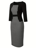 elveswallet  Houndstooth Print Stitching Dress, Elegant 3/4 Sleeve Work Office Dress, Women's Clothing