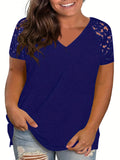 elveswallet  Plus Size Casual T-shirt, Women's Plus Floral Jacquard Contrast Lace Short Sleeve Basic T-shirt