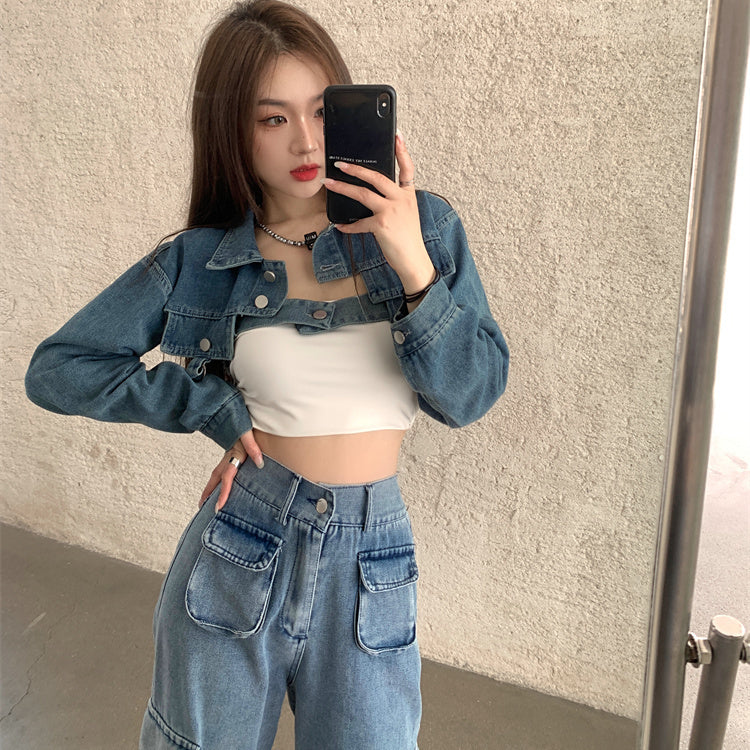 Autumn and winter Spice Girls European and American retro tops pure desire sweet and spicy wind tube top vest denim short jacket women's trendy tooling set