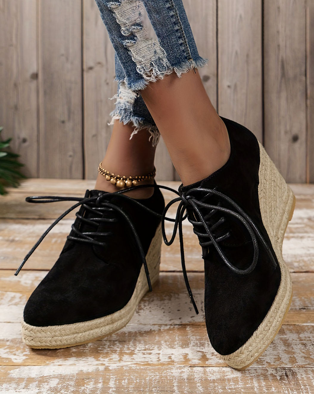 elveswallet Espadrilles Round Toe Lace Up Low-top Platform Wedges