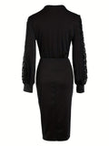elveswallet  Contrast Lace Ruched Bodycon Dress, Elegant V Neck Long Sleeve Dress, Women's Clothing