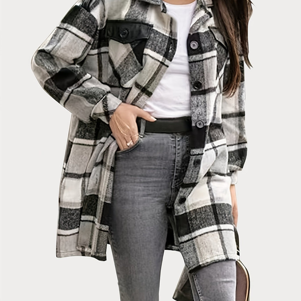 elveswallet  Plaid Print Shacket Jacket, Elegant Long Sleeve Button Front Turn Down Collar Mid Length Outerwear, Women's Clothing