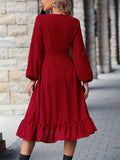 Solid Ruffle Hem Dress, Elegant V Neck Long Sleeve Midi Dress, Women's Clothing
