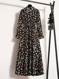 elveswallet  Floral Print Tie Neck Dress, Vintage Long Sleeve A Line Dress, Women's Clothing