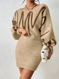 Abstract Print Sweater Dress, Elegant Boat Neck Long Lantern Sleeve Dress, Women's Clothing