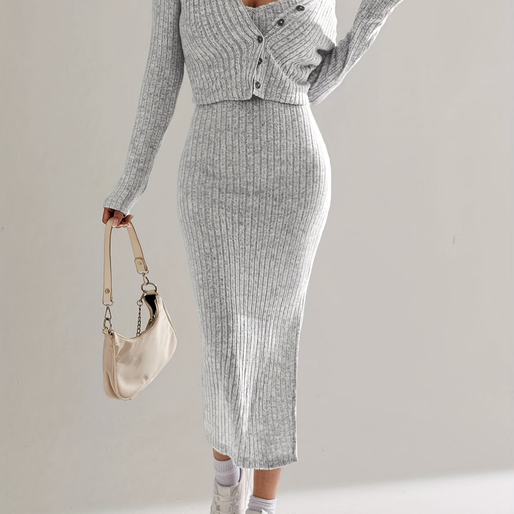 elveswallet  Casual Solid Two-piece Set, Button Front Long Sleeve Cardigan & Spaghetti Strap Split Dress Outfits, Women's Clothing