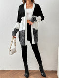 elveswallet  Women's Sweater Black & White Grey Color Block Long Sleeve Fall Winter Cardigan