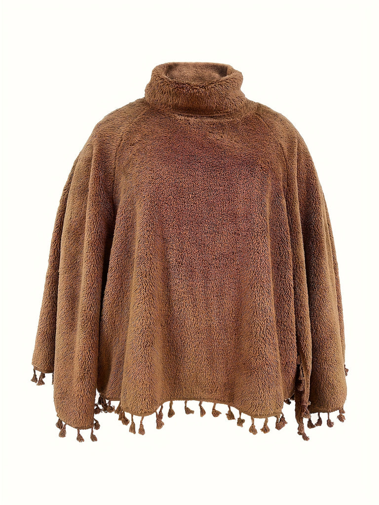 Plus Size Elegant Coat, Women's Plus Solid Tassel Trim Teddy Fleece Batwing Sleeve High Neck Shawl Cape Coat
