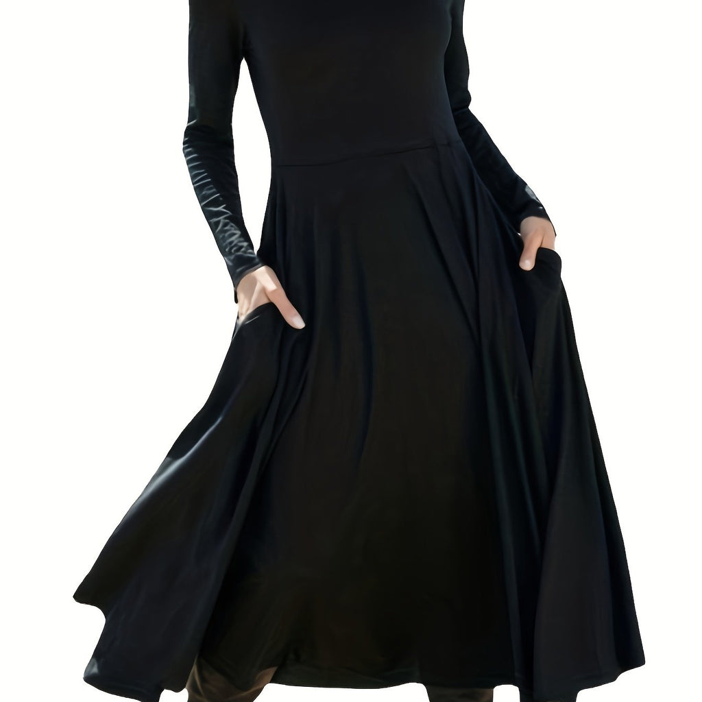 elveswallet  Minimalist Simple Midi Dress, Casual Crew Neck Long Sleeve Versatile Dress, Women's Clothing