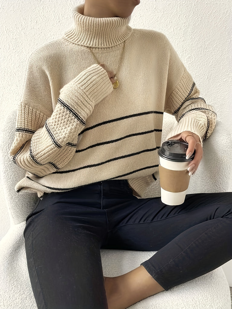 elveswallet  Striped Turtle Neck Pullover Sweater, Casual Long Sleeve Drop Shoulder Sweater, Women's Clothing