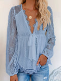 elveswallet  Women's T-Shirt Solid V-neck Contrast Lace Top
