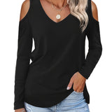 elveswallet  Cold Shoulder V Neck T-Shirt, Casual Short Sleeve T-Shirt For Spring & Summer, Women's Clothing