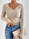 Ribbed V Neck T-Shirt, Casual Long Sleeve Top For Spring & Fall, Women's Clothing
