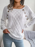 elveswallet  Women's Sweater Round Neck Texture Button Lantern Sleeve Sweater