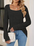 elveswallet  Squared Neck Rib Knit Sweater, Casual Long Sleeve Solid Sweater, Women's Clothing