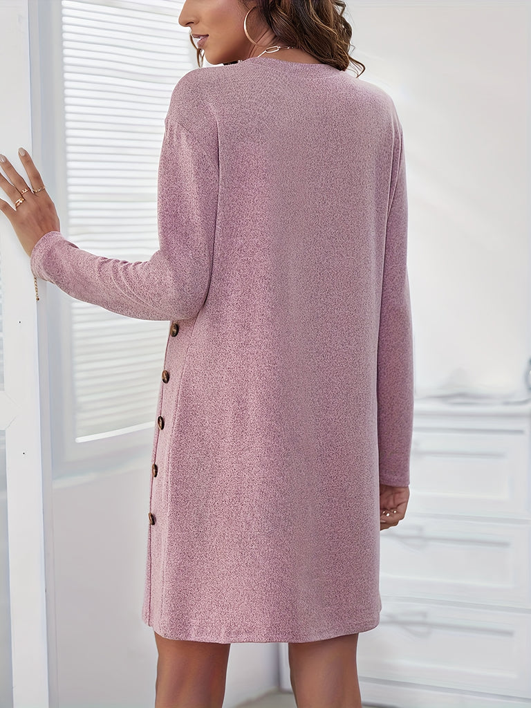 Simple Solid Buttons Decor Dress, Long Sleeve Crew Neck Dress, Women's Clothing