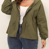 Women's Plus Size Drawstring Waist Zipper Front Hooded Jacket, Spring Fall Long Sleeve Jacket
