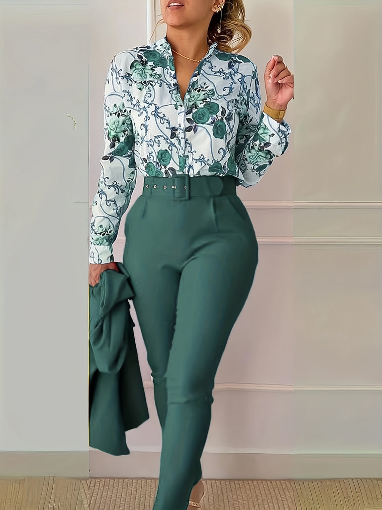 Elegant Two-piece Set, Floral Print V Neck Long Sleeve Blouse & Solid Belted Tapered Pants Outfits, Women's Clothing