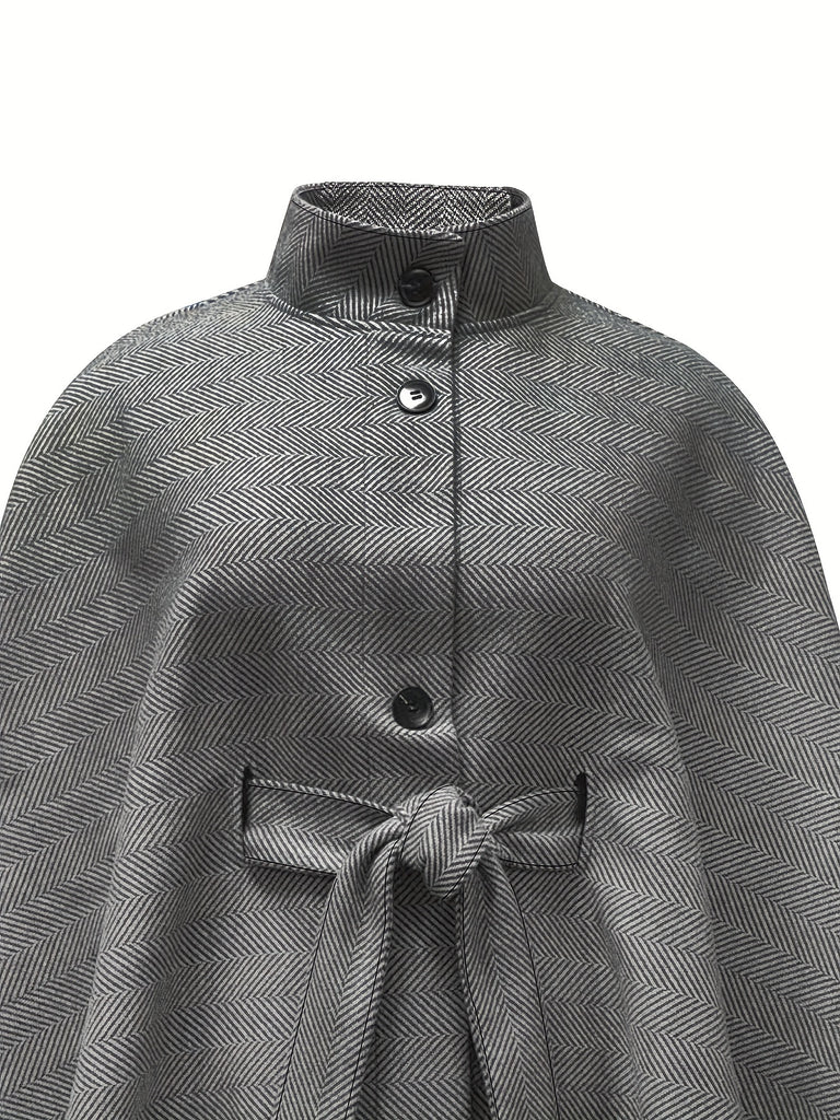 Plus Size Elegant Coat, Women's Plus Chevron Print Batwing Sleeve Button Up High Neck Cloak Coat With Belt