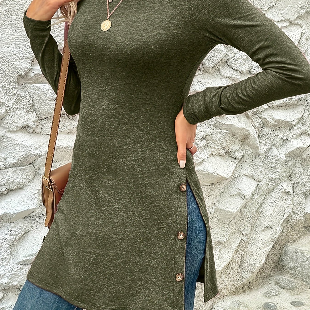 elveswallet  Solid Color Crew Neck Long Sleeve Middle Length Slit Hem T-Shirts, Stylish Fall Winter Tops, Women's Clothing