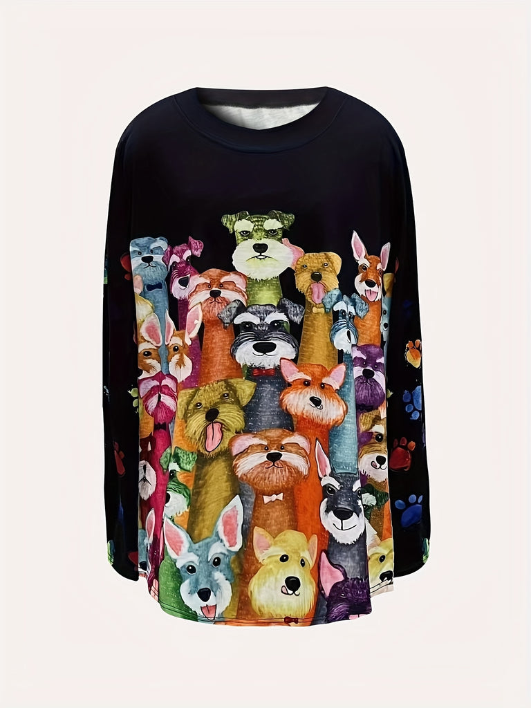 Plus Size Casual T-shirt, Women's Plus Colorful Cartoon Dog & Paw Print Long Sleeve Round Neck Medium Stretch T-shirt