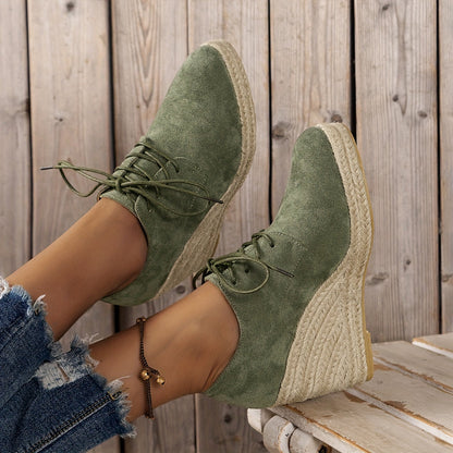 elveswallet Espadrilles Round Toe Lace Up Low-top Platform Wedges