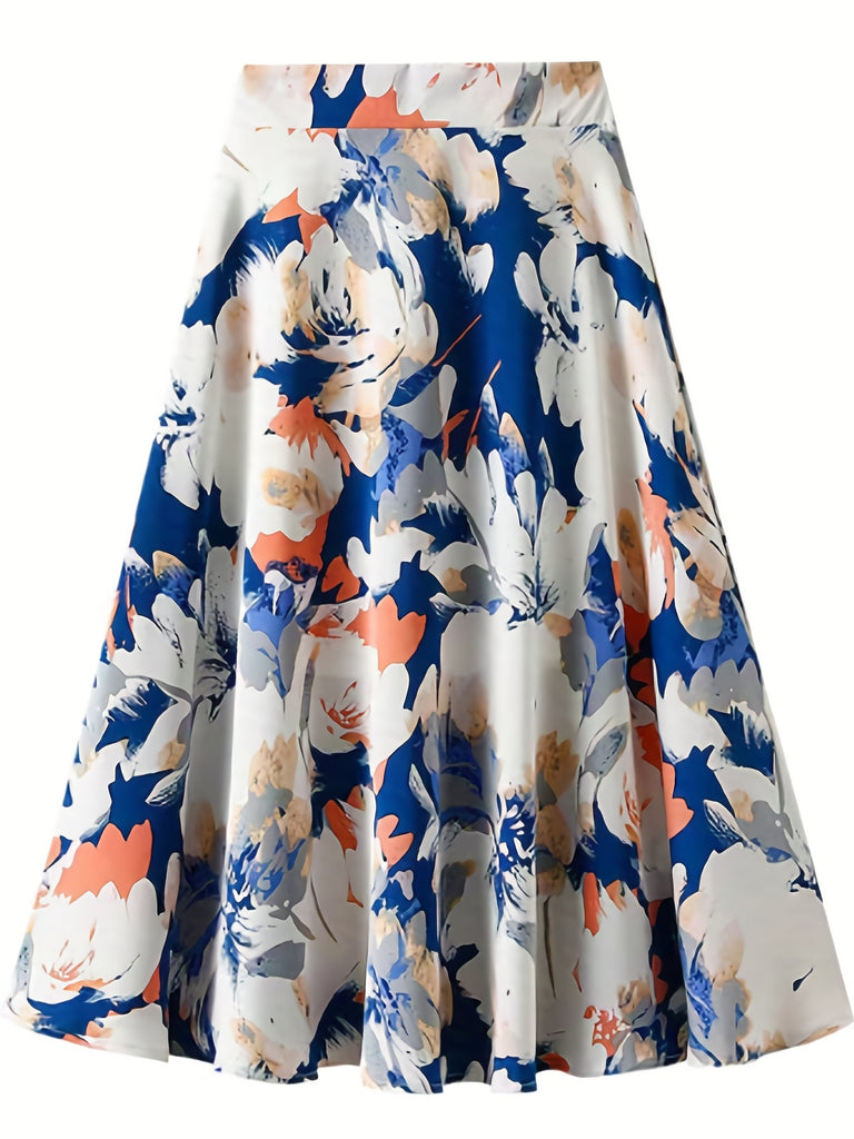 elveswallet  Plus Size Elegant Skirt, Women's Plus Floral Print Elastic High Rise Swing A-line Maxi Skirt