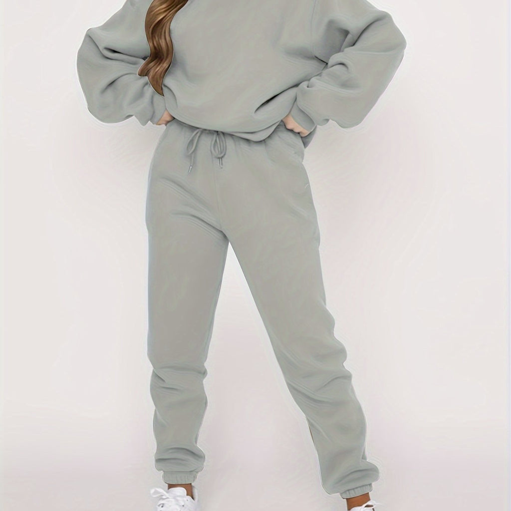 Solid Casual Two-piece Set, Crew Neck Long Sleeve Tops & Drawstring Jogger Pants Oufits, Women's Clothing