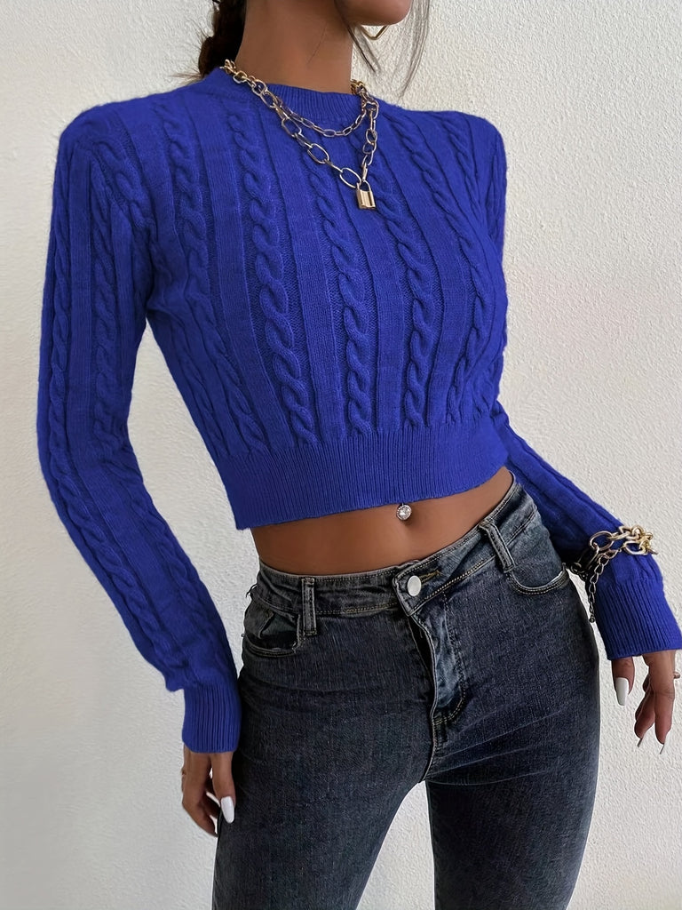 elveswallet  Solid Cable Knit Sweater, Casual Crew Neck Long Sleeve Slim Sweater, Women's Clothing