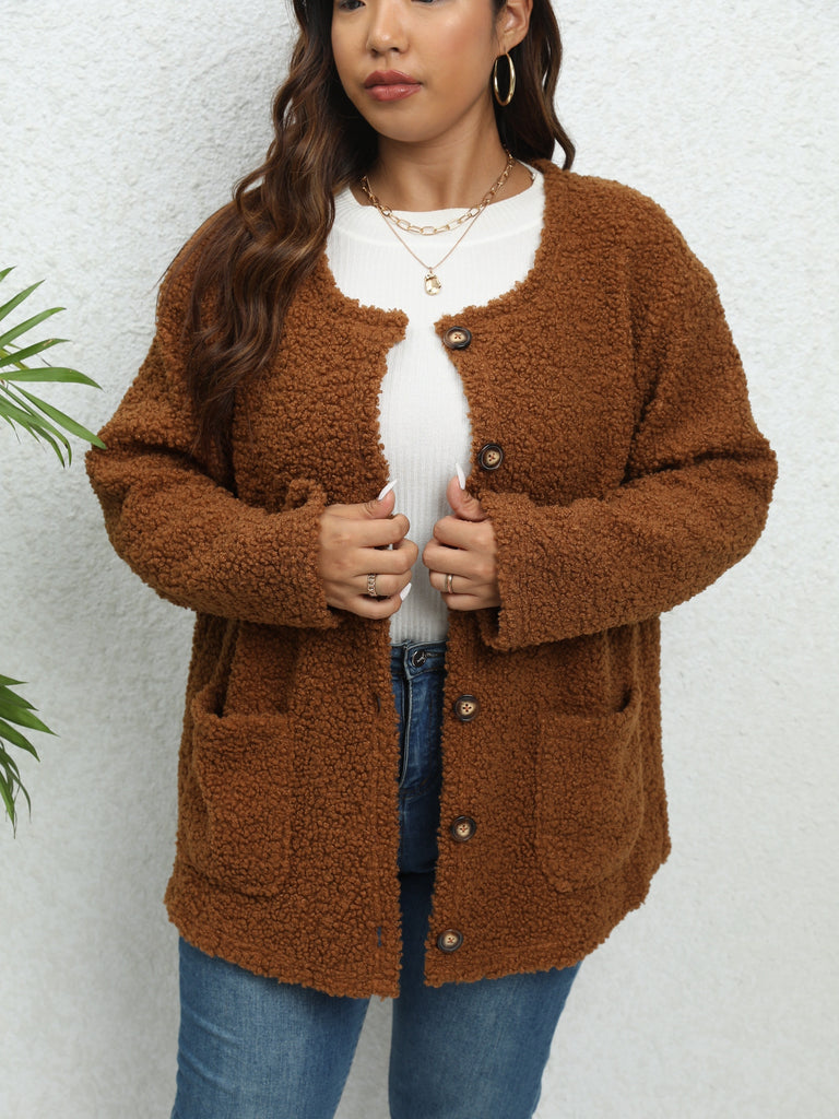 Plus Size Casual Coat, Women's Plus Solid Long Sleeve Button Up Plush Teddy Coat With Pockets