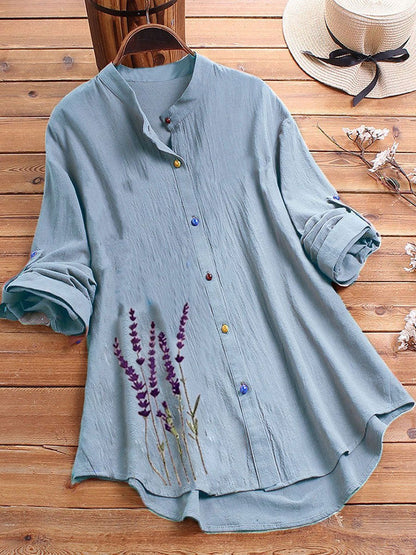 Women'S Cotton Linen Casual Floral Print Shirt