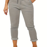 elveswallet  Plus Size Casual Pants, Women's Plus Solid Drawstring Roll Up Hem Slight Stretch Pants