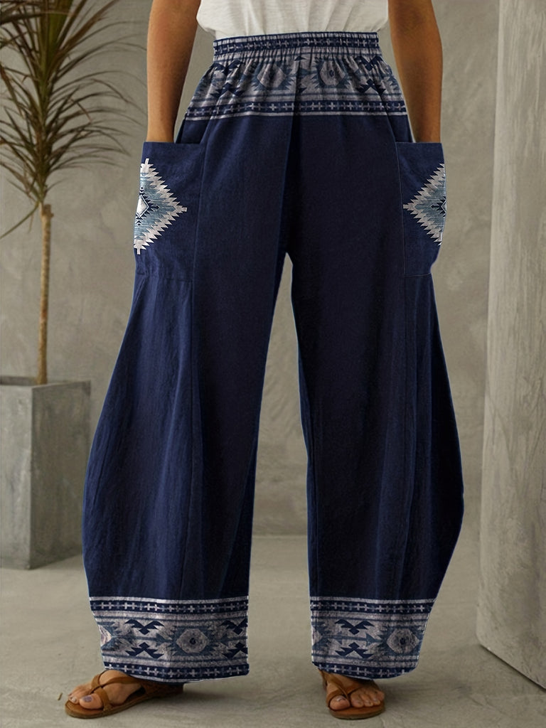 elveswallet  Boho Aztec Pattern Wide Leg Pants, Retro Print High Waist Casual Harem Pants, Women's Clothing