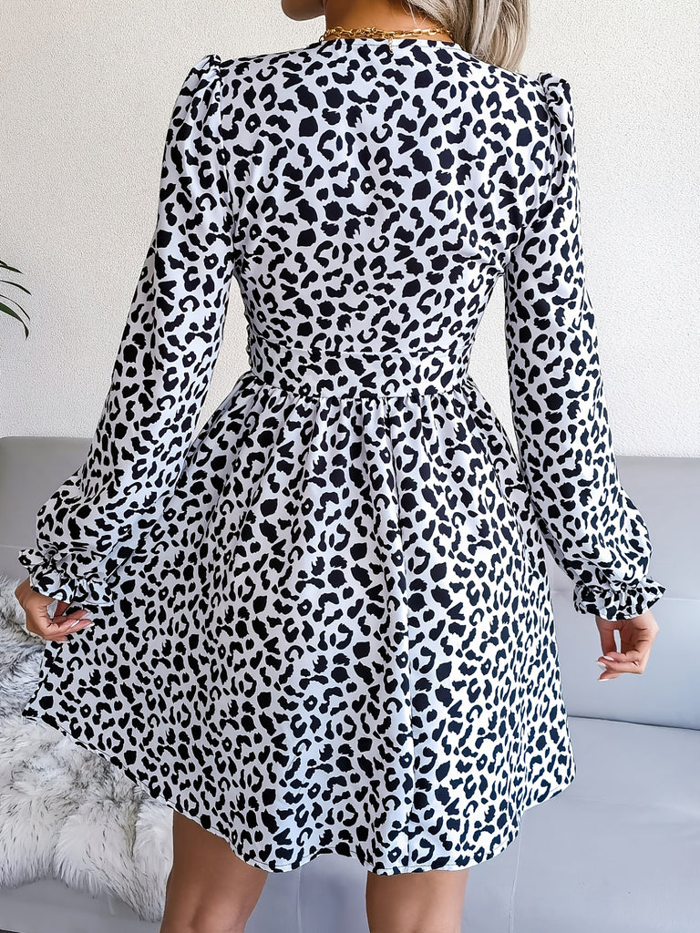 elveswallet  Leopard Print Ruffle Cuffs Dress, Sexy V Neck  Long Sleeve Dress, Women's Clothing
