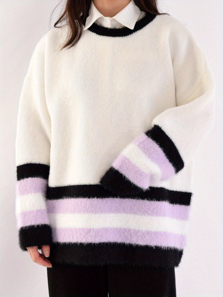Color Block Drop Shoulder Sweater, Casual Long Sleeve Sweater For Fall & Winter, Women's Clothing